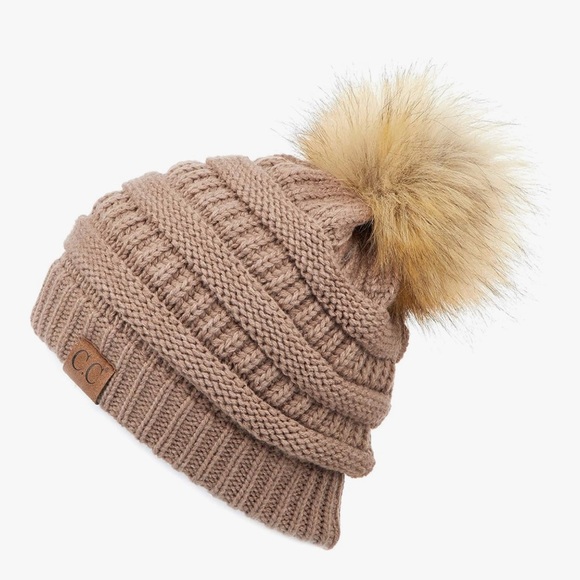 C.C Accessories - C.C Brown Knit Beanie with Faux Fur Pom